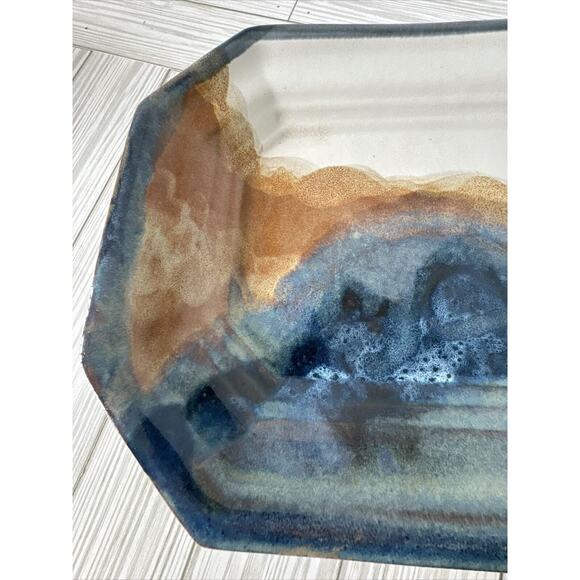 Studio Art Pottery Platter Serving Plate 16x10.5” Blue Brown White Waves “Marty” - Picture 7 of 9
